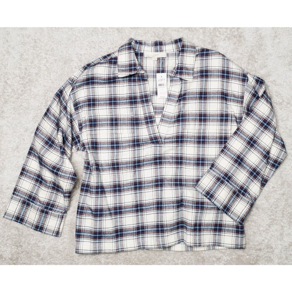 Loft White Blue Plaid Cotton Flannel V neck Popover Shirt Womens Size L NWT
